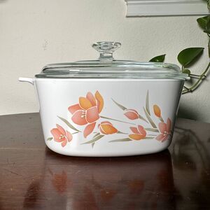 Vintage CorningWare 3L A-3-B Casserole Dish w/ Lid - Peach Floral Retro Kitchen